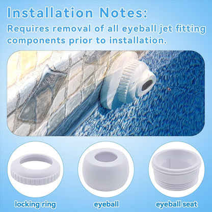 Installation guide for PAMASE Pool Waterfall Spray Fountain showing removal of locking ring, eyeball, and eyeball seat from jet fitting.