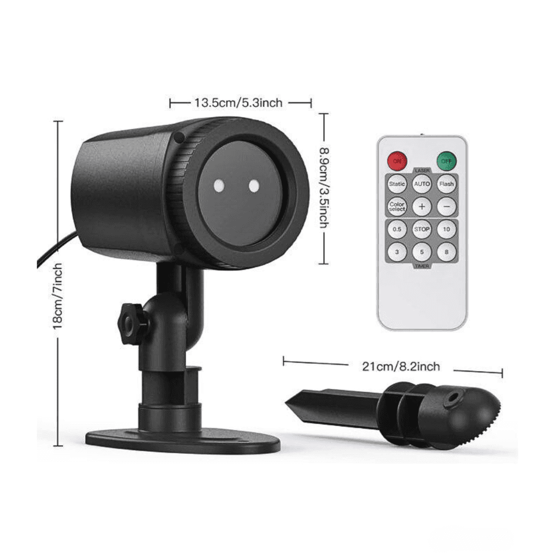 Waterproof Outdoor Garden Light Projector with remote, 3m cable, and mounting accessories, shown with size dimensions for easy installation.