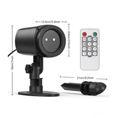 Waterproof Outdoor Garden Light Projector with remote, 3m cable, and mounting accessories, shown with size dimensions for easy installation.