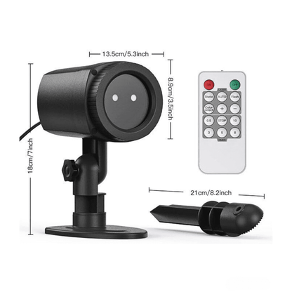 Waterproof Outdoor Garden Light Projector with remote, 3m cable, and mounting accessories, shown with size dimensions for easy installation.