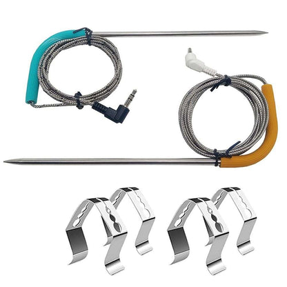 JAQKITU Meat Probes for Traeger Grills with Clips 2 Pack Stainless featuring two color-coded probes and four stainless steel grill clips for precise grilling.