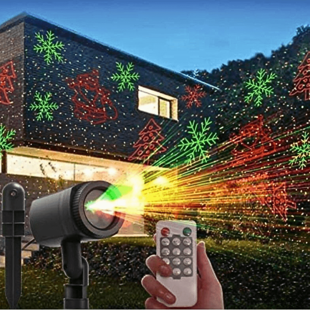 Outdoor Garden Light Projector Remote Timer Waterproof 3m Cable projecting red and green holiday patterns on a modern house exterior.