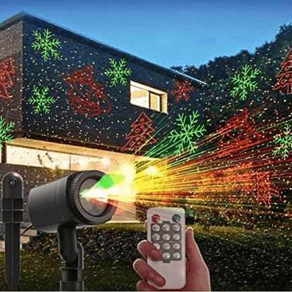 Outdoor Garden Light Projector Remote Timer Waterproof 3m Cable projecting red and green holiday patterns on a modern house exterior.