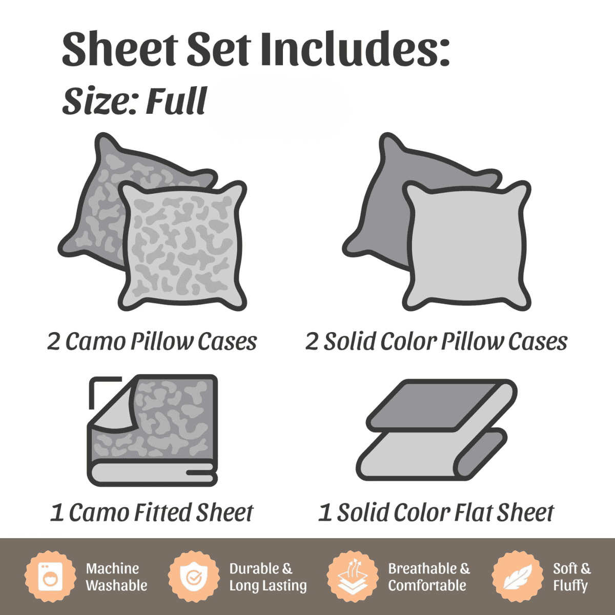 Illustration of Full Size Pink Camouflage 6 Piece Microfiber Sheet Set contents, showing 2 camo and 2 solid pillowcases, 1 camo fitted, and 1 solid flat sheet.