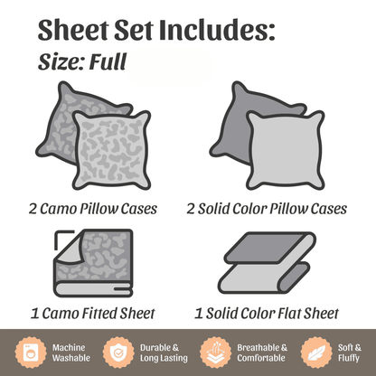 Illustration of Full Size Pink Camouflage 6 Piece Microfiber Sheet Set contents, showing 2 camo and 2 solid pillowcases, 1 camo fitted, and 1 solid flat sheet.