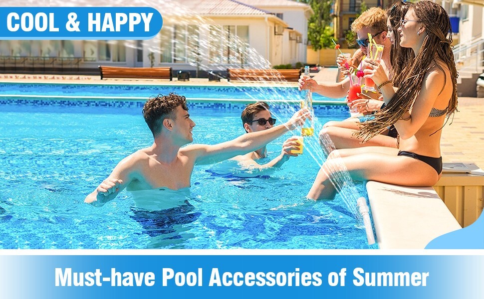 Group of people enjoying summer with drinks under the PAMASE Pool Waterfall Spray Fountain, a fun pool accessory for cooling off.