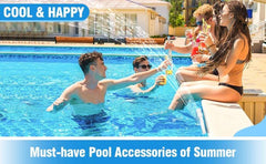 Group of people enjoying summer with drinks under the PAMASE Pool Waterfall Spray Fountain, a fun pool accessory for cooling off.