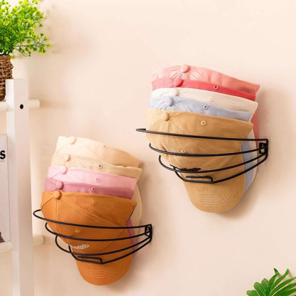 Metal Wall Mounted Cap Rack 2 Pack displays hats in a tidy and accessible way, ideal for bedroom or closet wall organization.