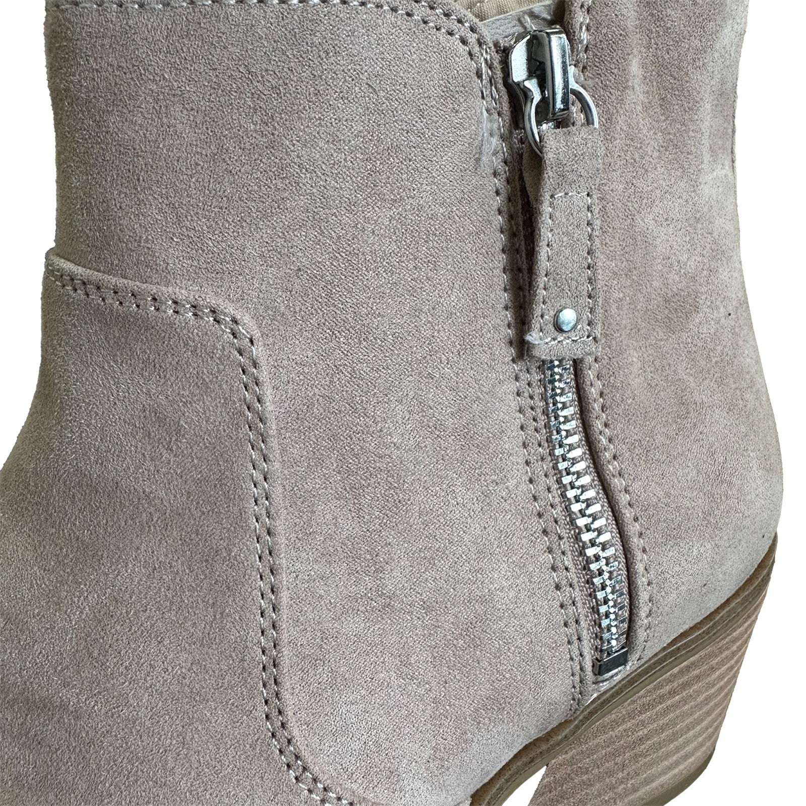 Close-up of zipper and stitching on Dr. Scholl’s Lawless Women’s Ankle Boots in taupe suede, showing quality craftsmanship, size 9.5.