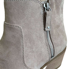 Close-up of zipper and stitching on Dr. Scholl’s Lawless Women’s Ankle Boots in taupe suede, showing quality craftsmanship, size 9.5.