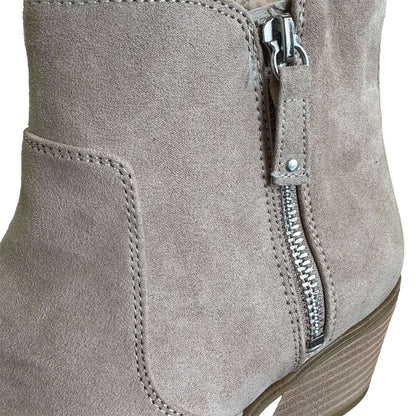 Close-up of zipper and stitching on Dr. Scholl’s Lawless Women’s Ankle Boots in taupe suede, showing quality craftsmanship, size 9.5.