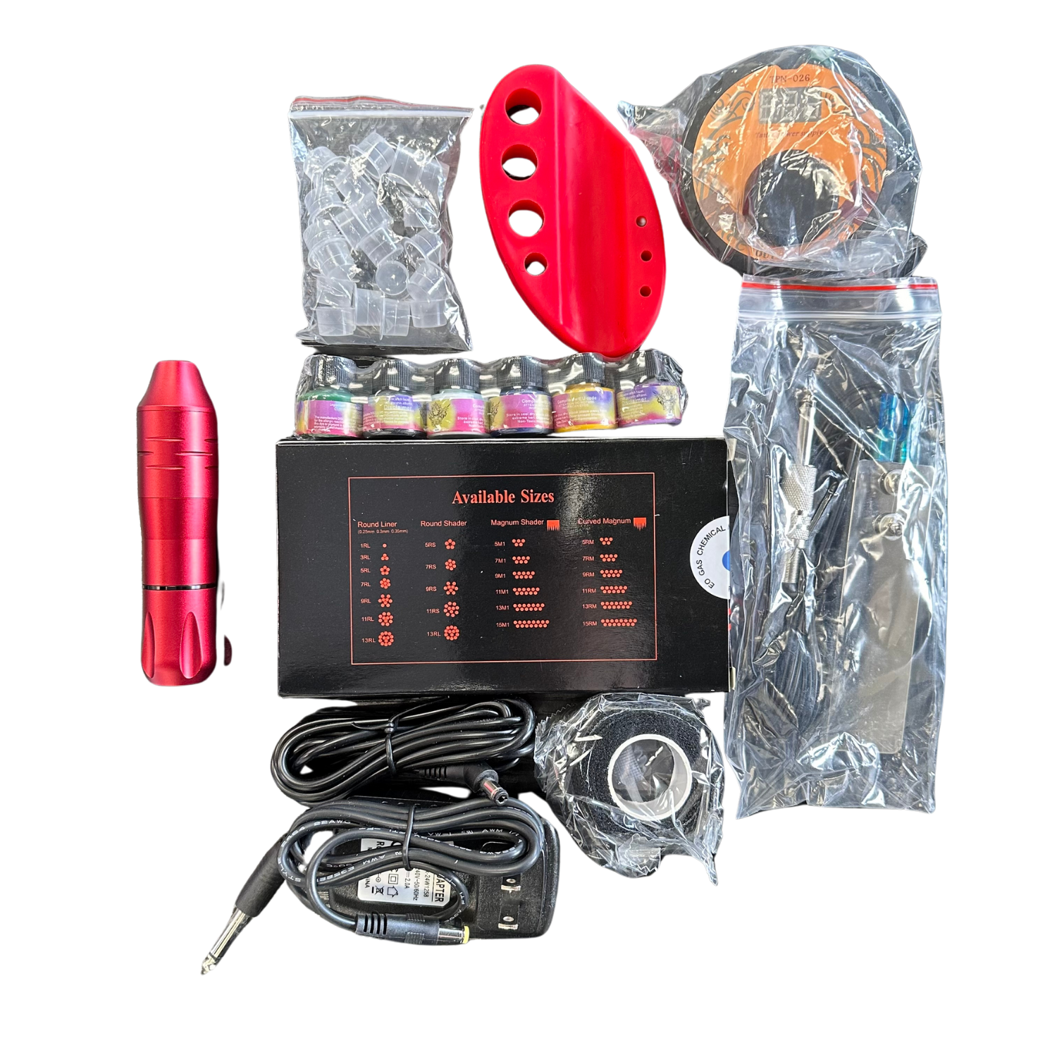 Complete Biomaser Pro Rotary Tattoo Machine Kit with red pen, ink caps, cartridges, grip cover, and power cables for industrial tattoo use.