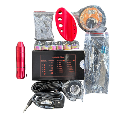 Complete Biomaser Pro Rotary Tattoo Machine Kit with red pen, ink caps, cartridges, grip cover, and power cables for industrial tattoo use.