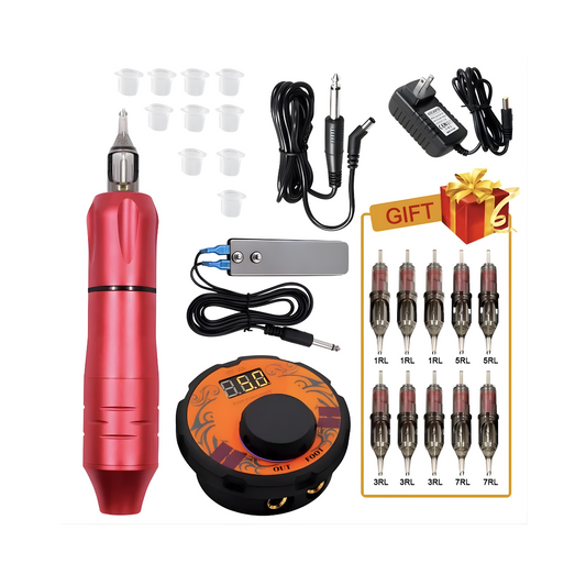 Biomaser Pro Rotary Tattoo Machine Kit Pen – Red with power supply, foot pedal, cartridges, and accessories for professional tattooing.