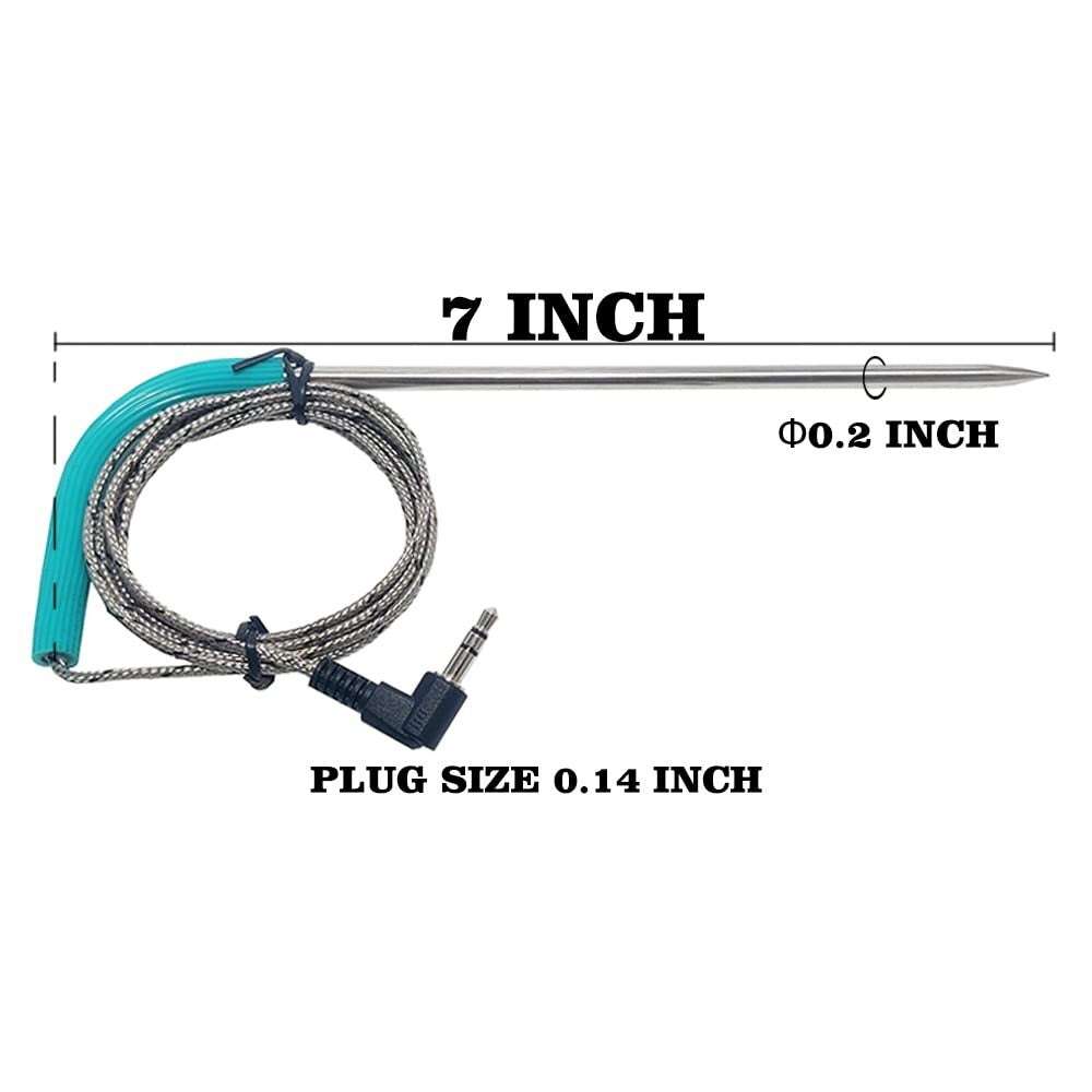 JAQKITU Meat Probes for Traeger Grills with Clips 2 Pack Stainless showing 7-inch probe length, 0.2-inch diameter, and 0.14-inch plug size for compatibility.