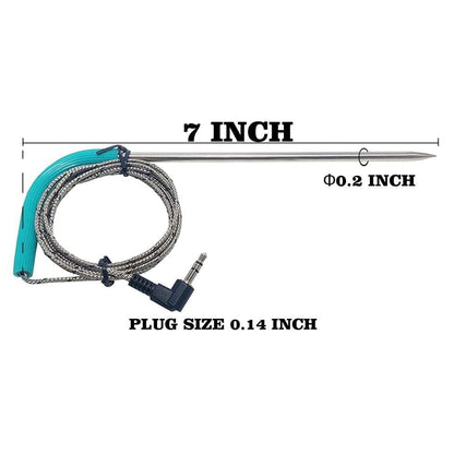 JAQKITU Meat Probes for Traeger Grills with Clips 2 Pack Stainless showing 7-inch probe length, 0.2-inch diameter, and 0.14-inch plug size for compatibility.