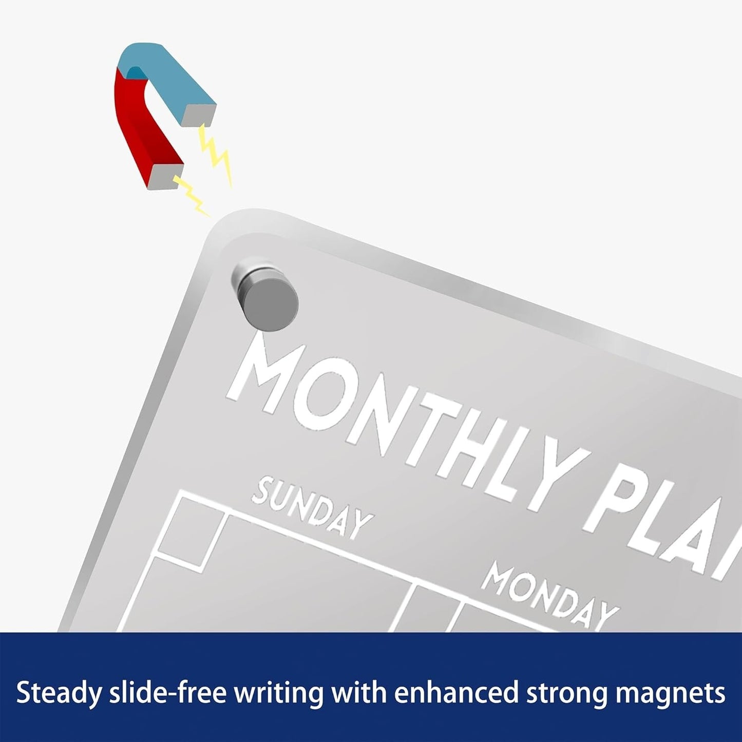 Close-up of Volcanics Acrylic Magnetic Planner showing strong magnet for secure fridge attachment and stable writing surface.