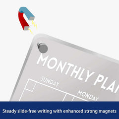 Close-up of Volcanics Acrylic Magnetic Planner showing strong magnet for secure fridge attachment and stable writing surface.