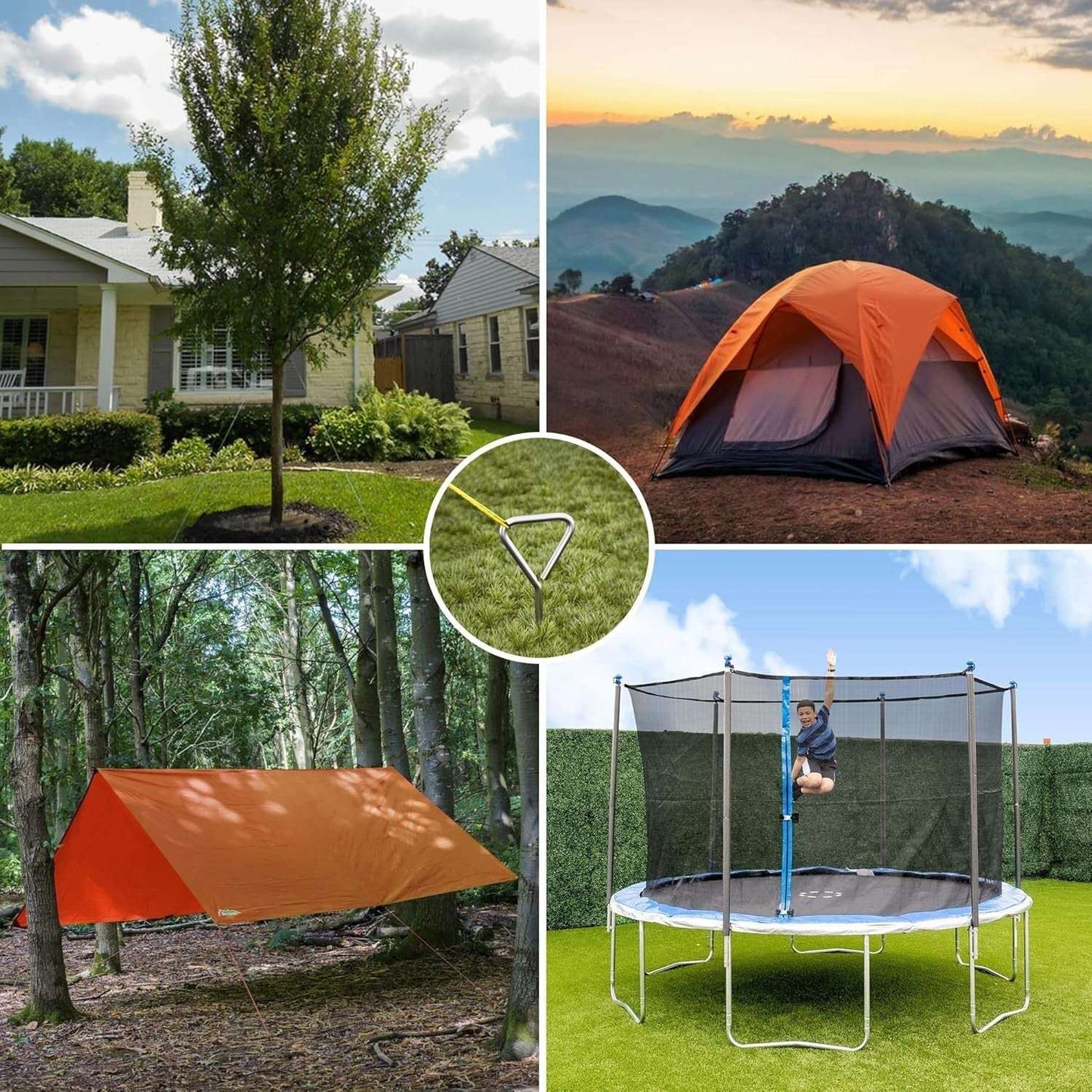 Heavy Duty Steel Tree Stake Kit used for securing trees, tents, tarps, and trampolines in various outdoor settings for versatile ground anchoring.