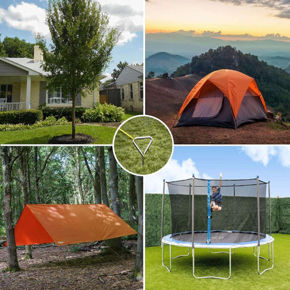 Heavy Duty Steel Tree Stake Kit used for securing trees, tents, tarps, and trampolines in various outdoor settings for versatile ground anchoring.