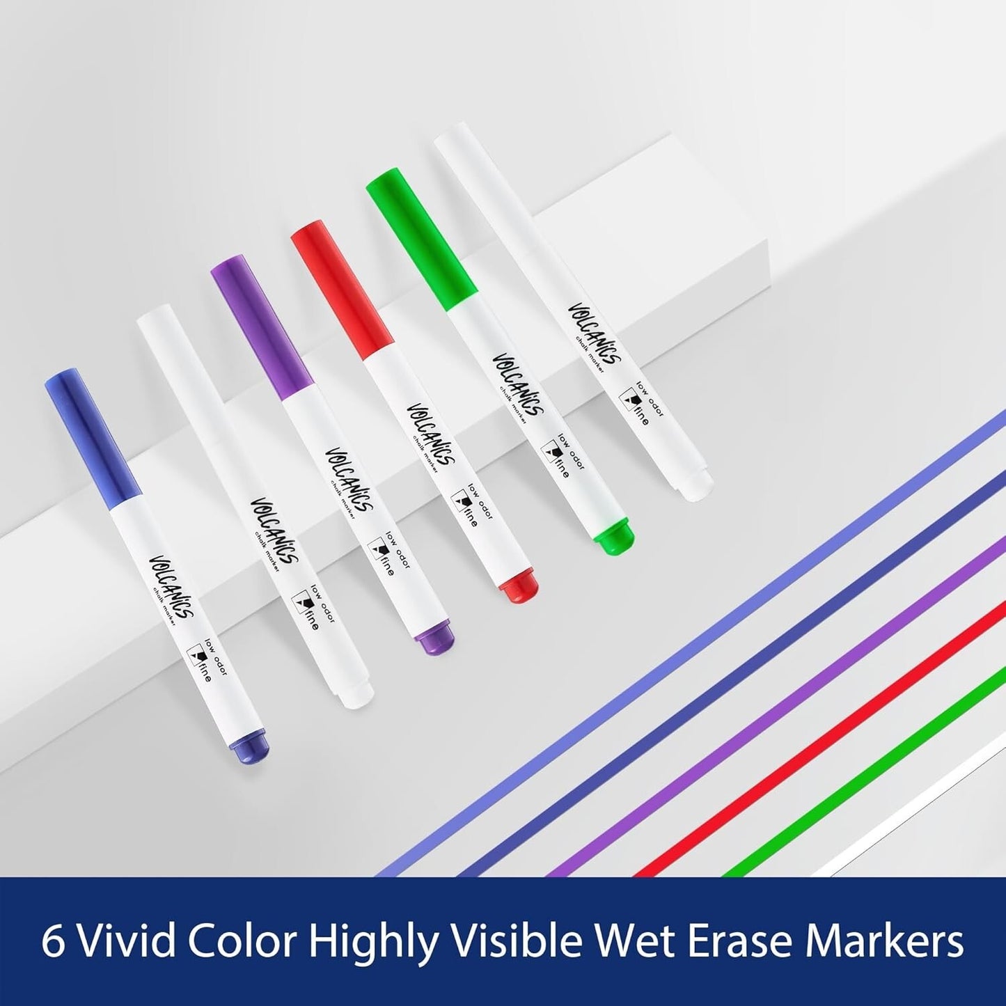 Set of 6 vivid color wet erase markers included with Volcanics Acrylic Magnetic Weekly Planner Dry Erase Board for colorful planning.