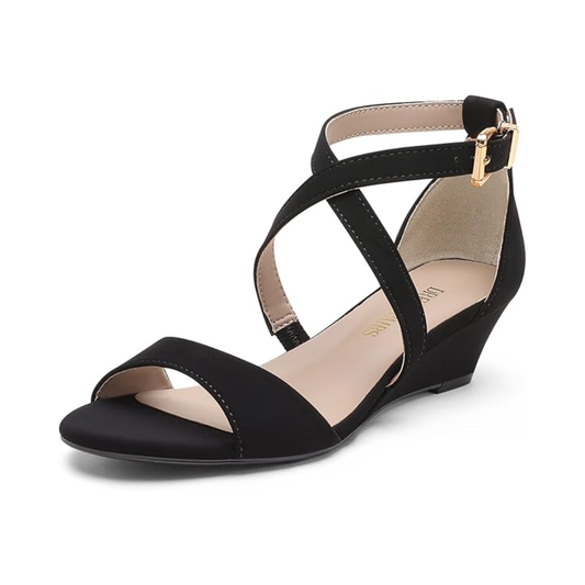 DREAM PAIRS Women's Black Low Wedge Sandals Size 9 Open Toe Ankle Strap