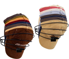 Metal Wall Mounted Cap Rack 2 Pack Hat and Visor Holder Organizer neatly stores multiple baseball caps in a compact vertical layout.