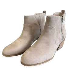 Dr. Scholl’s Lawless Women’s Ankle Boots in taupe with block heel, side zipper, and cushioned suede upper, size 9.5 for casual wear.