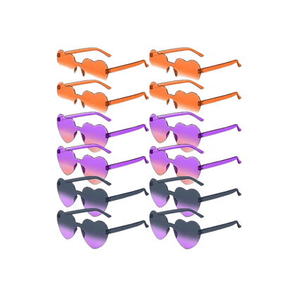 Kids Heart Sunglasses 12 Pack Orange and Purple Party Favor Set featuring 4 pairs each in orange, purple, and black gradient lenses.