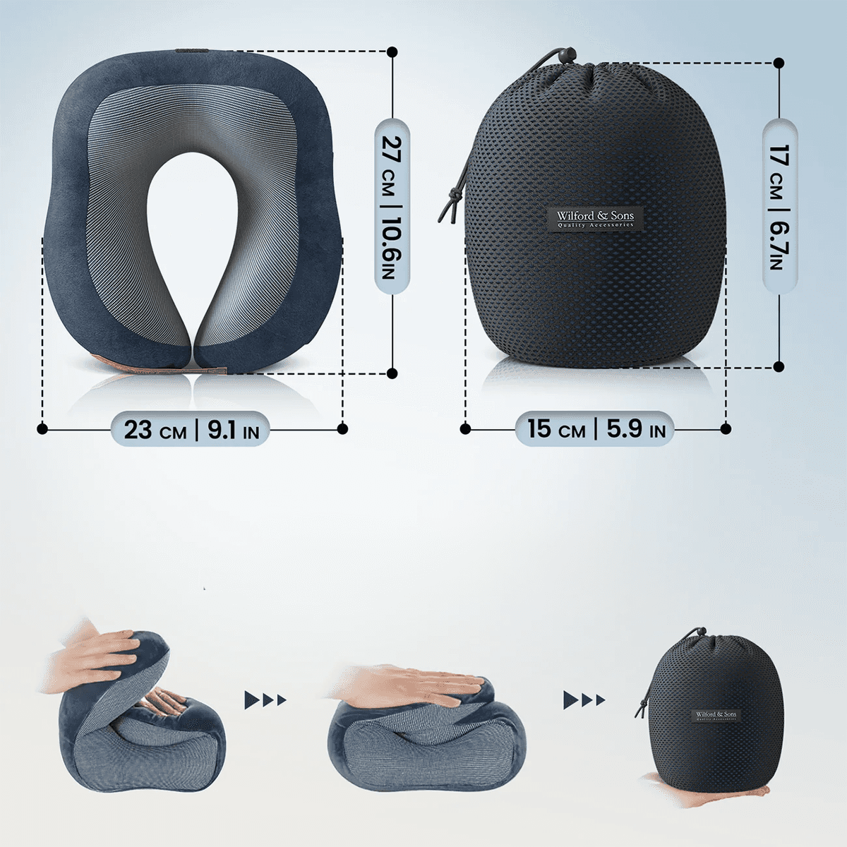 Compact Wilford & Sons memory foam travel pillow with dimensions and foldable design shown with storage bag for easy packing and portability.