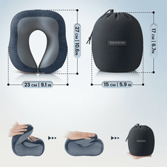 Compact Wilford & Sons memory foam travel pillow with dimensions and foldable design shown with storage bag for easy packing and portability.