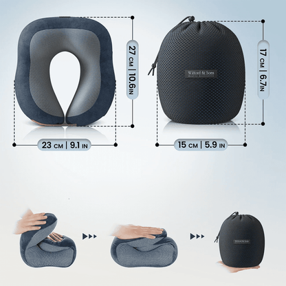 Compact Wilford & Sons memory foam travel pillow with dimensions and foldable design shown with storage bag for easy packing and portability.