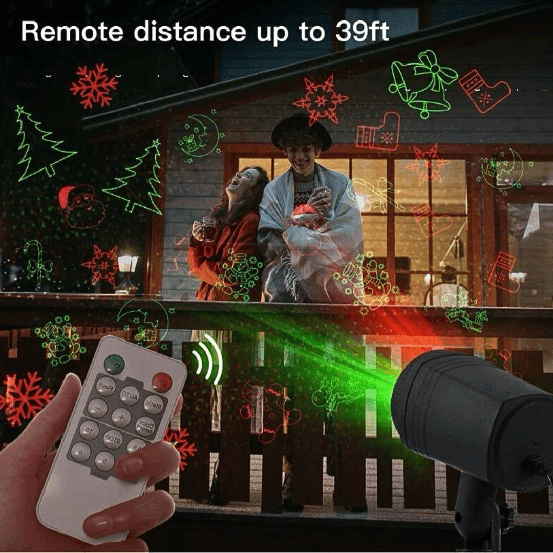 Holiday Projector with remote control illuminating festive red and green patterns on a wooden house, ideal for outdoor Christmas lighting.