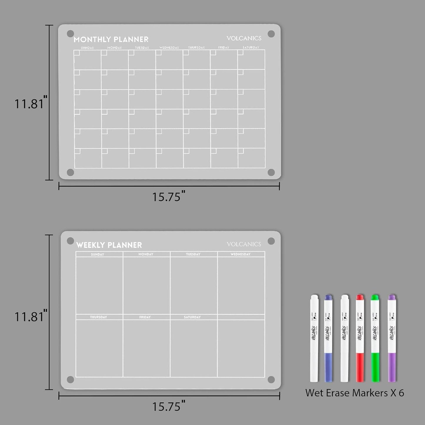Dimensions of Volcanics Acrylic Magnetic Weekly and Monthly Planner Dry Erase Boards with 6 wet erase markers, perfect for organized scheduling.