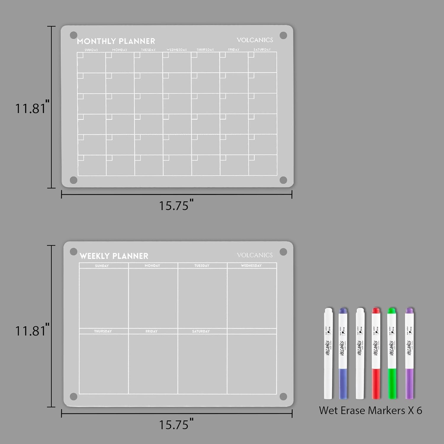 Dimensions of Volcanics Acrylic Magnetic Weekly and Monthly Planner Dry Erase Boards with 6 wet erase markers, perfect for organized scheduling.