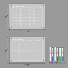 Dimensions of Volcanics Acrylic Magnetic Weekly and Monthly Planner Dry Erase Boards with 6 wet erase markers, perfect for organized scheduling.
