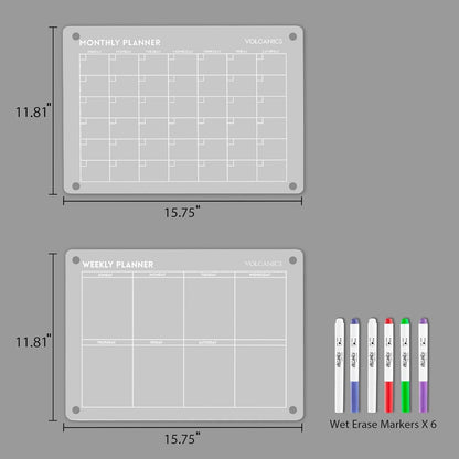 Dimensions of Volcanics Acrylic Magnetic Weekly and Monthly Planner Dry Erase Boards with 6 wet erase markers, perfect for organized scheduling.