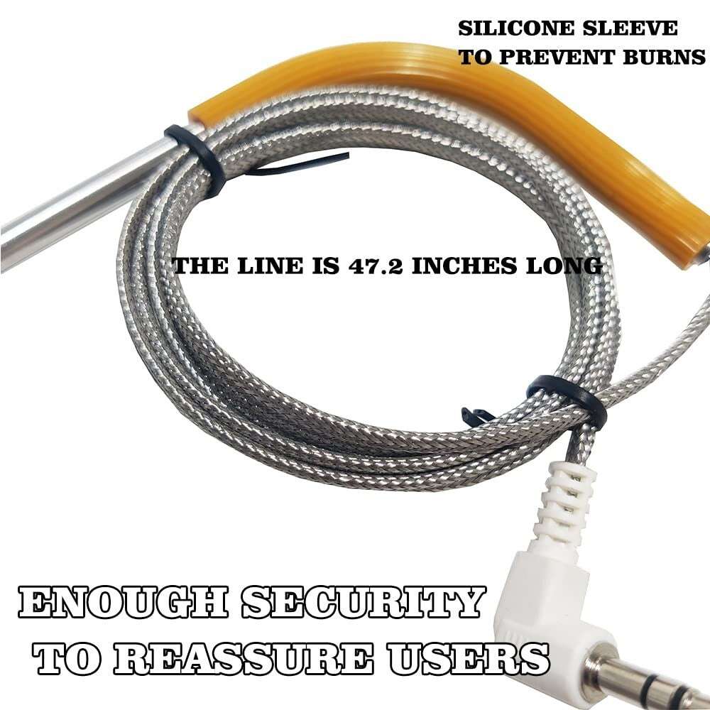 JAQKITU Meat Probes for Traeger Grills with Clips 2 Pack Stainless featuring 47.2-inch braided cable and silicone sleeve for burn protection and secure grilling.