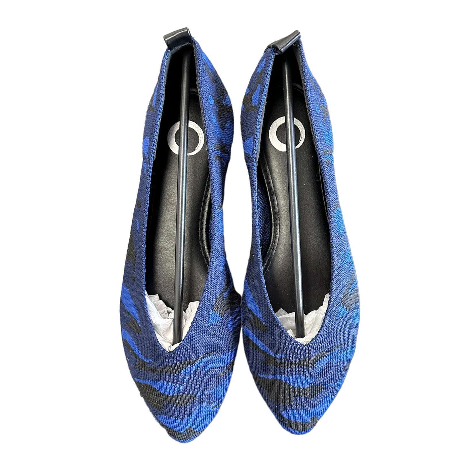 Top view of Journee Collection Karise flats in blue black camo, women’s size 6, featuring pointed toe and soft cushioned insole.