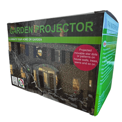 Retail packaging of the Outdoor Garden Light Projector featuring festive lighting for homes, trees, and lawns with waterproof and timer features.