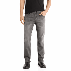 Men's grey jeans with black boots, front view