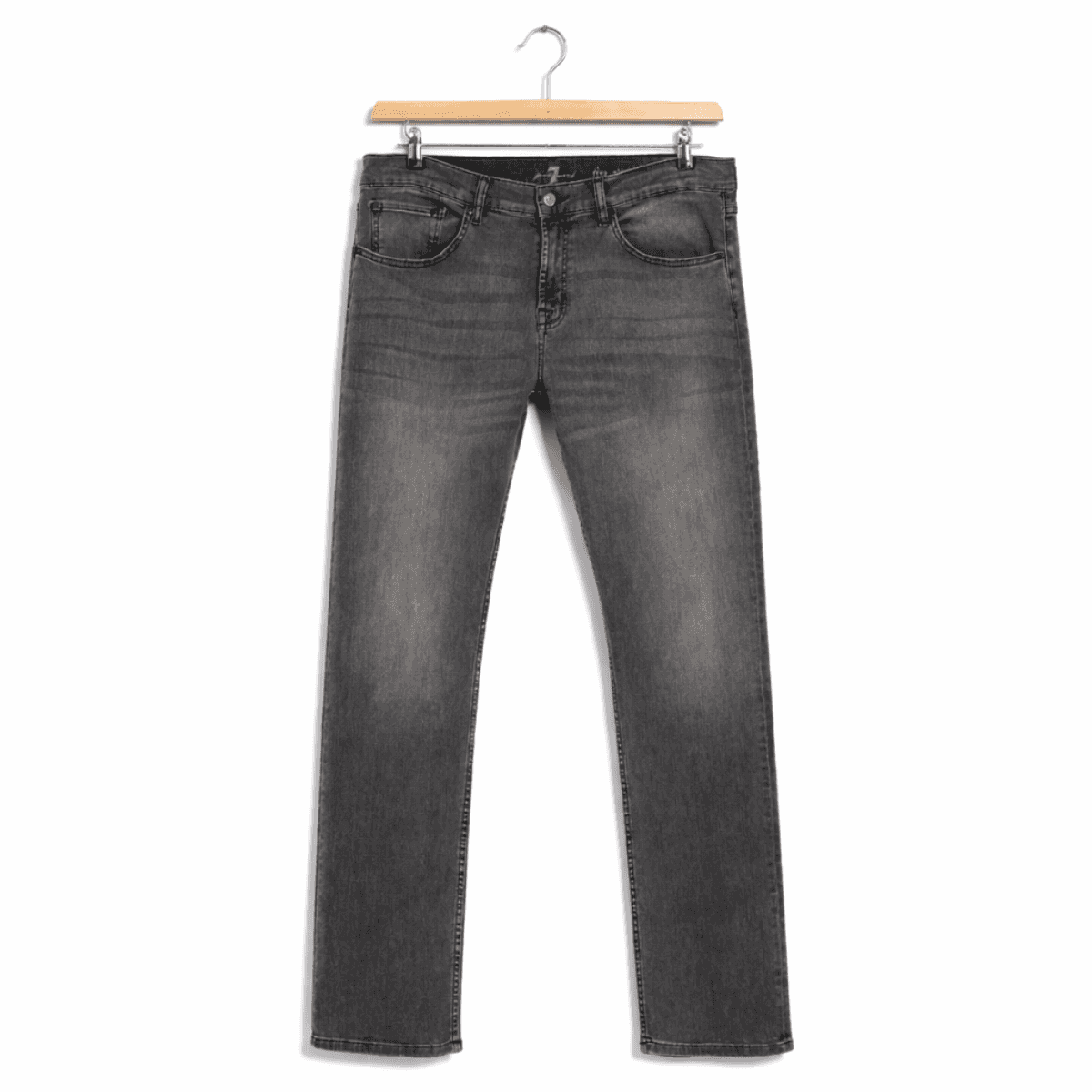 Pair of men's grey jeans on hanger, front view
