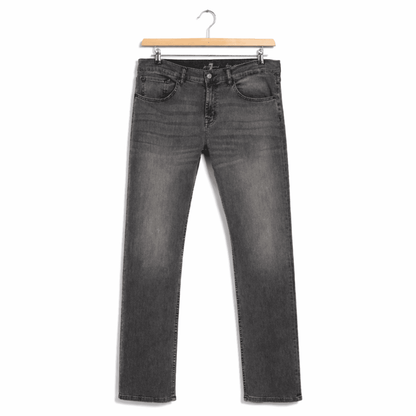 Pair of men's grey jeans on hanger, front view