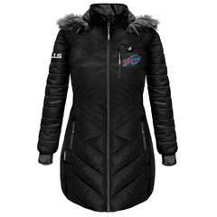 Black Buffalo Bills women's heated puffer jacket with fur hood