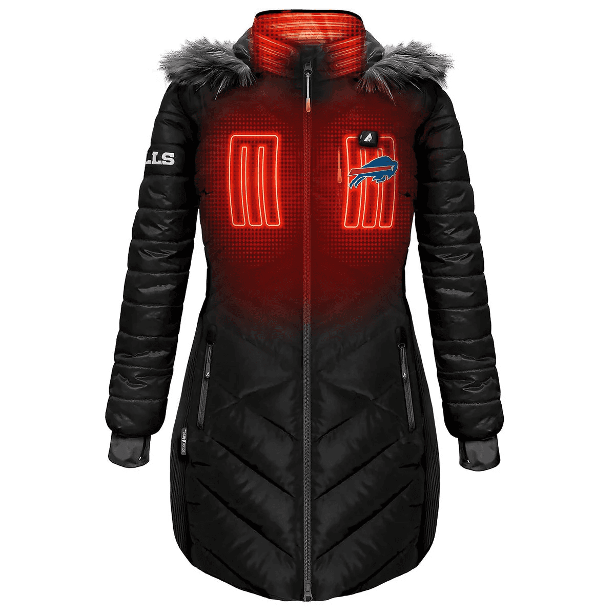Woman wearing black Buffalo Bills heated puffer jacket outdoors