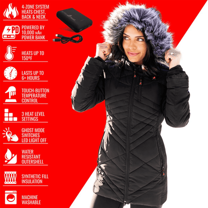Chaqueta larga de plumón ActionHeat Buffalo Bills con calefacción, negra