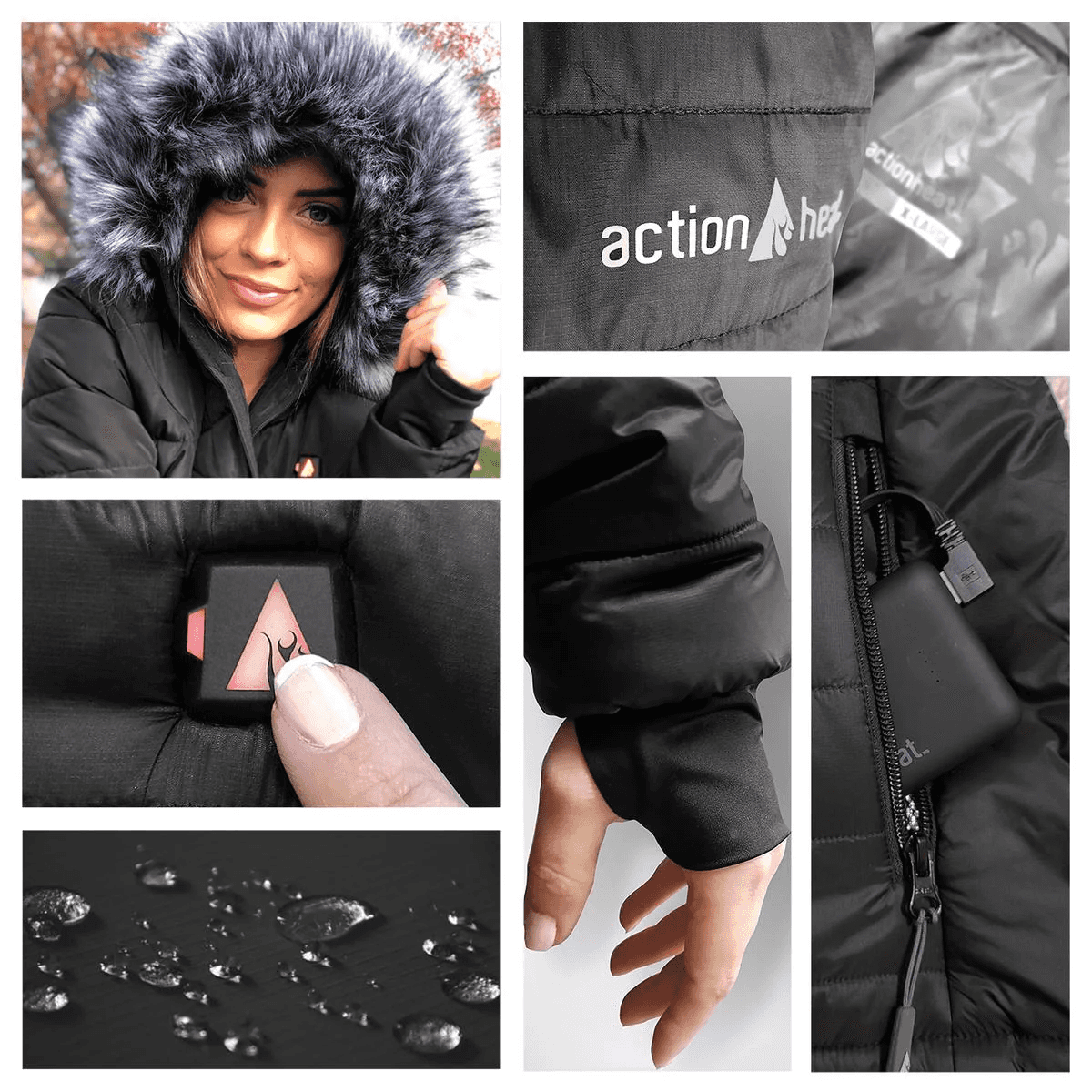 Woman in black heated puffer jacket with fur-lined hood outdoors