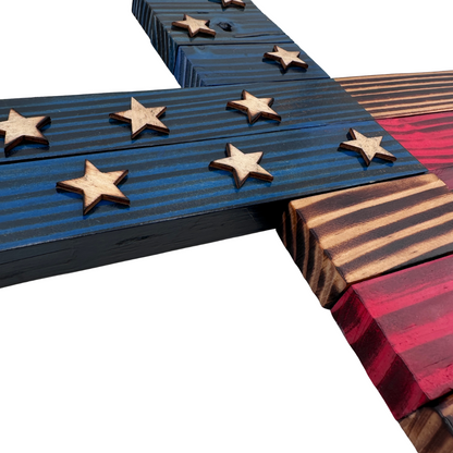 Handmade Wooden Americana Cross Wall Art – Patriotic Stars & Stripes Design – Made in Minnesota