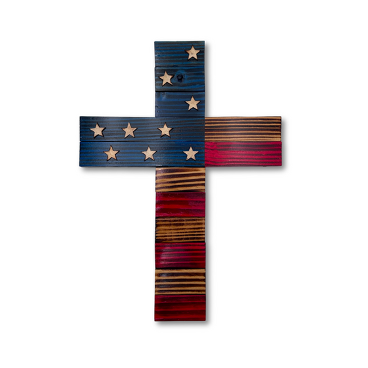 Handmade Wooden Americana Cross Wall Art – Patriotic Stars & Stripes Design – Made in Minnesota