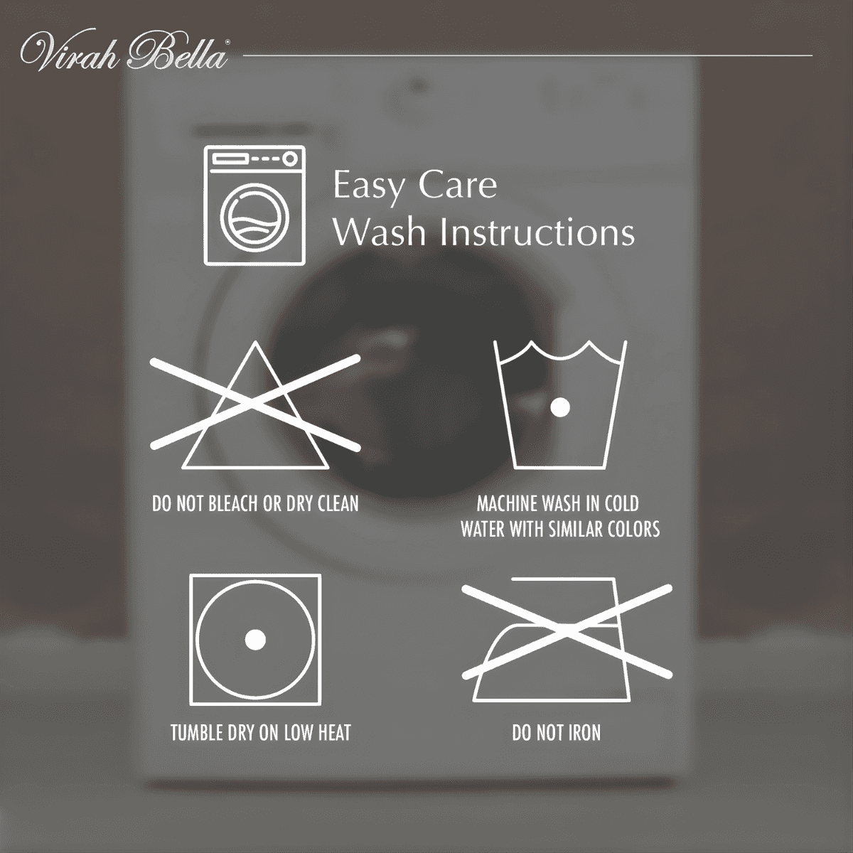 Washing machine with easy care wash instructions displayed on a blurred background